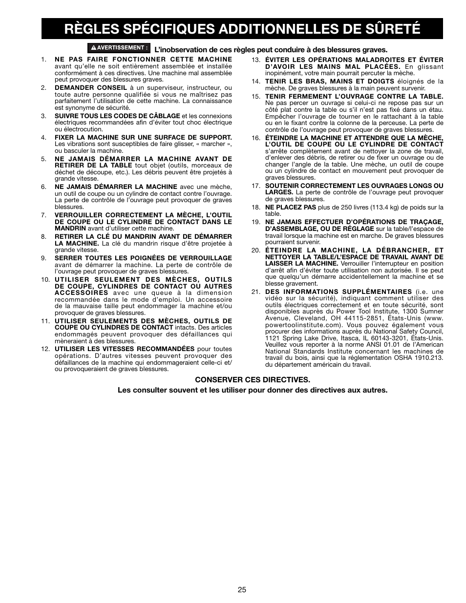 Règles spécifiques additionnelles de sûreté | Delta 18-900L User Manual | Page 25 / 68