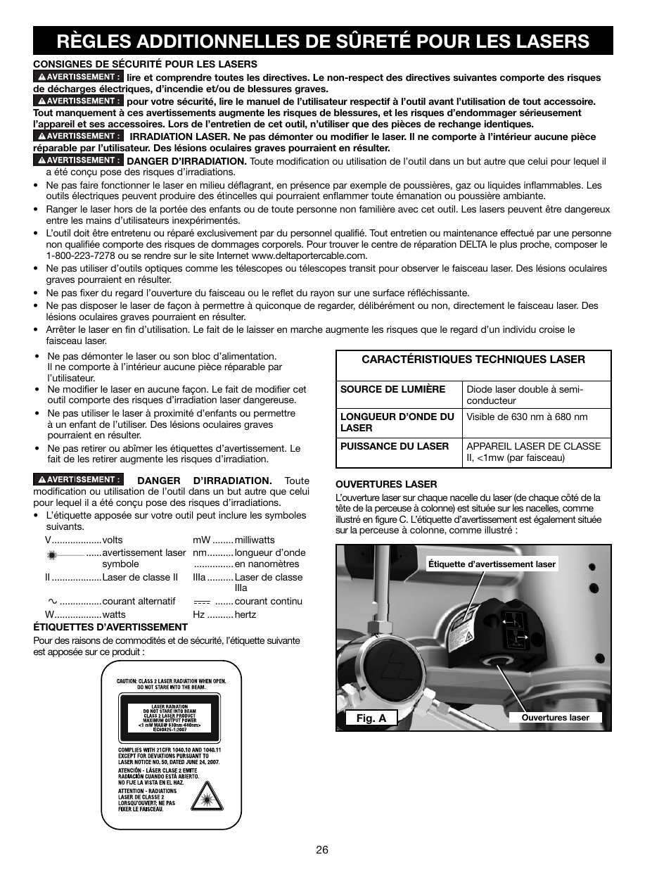 Règles additionnelles de sûreté pour les lasers | Delta 18-900L User Manual | Page 26 / 68