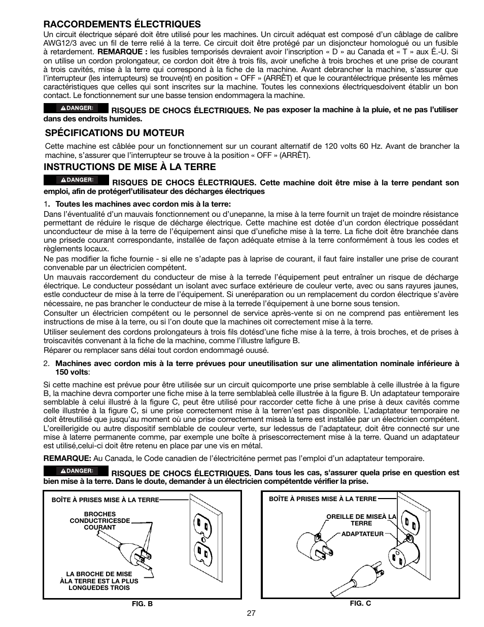 Raccordements électriques, Instructions de mise à la terre, Spécifications du moteur | Delta 18-900L User Manual | Page 27 / 68