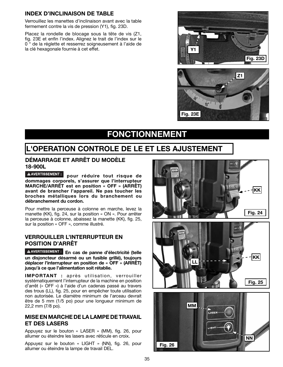 Fonctionnement, L'operation controle de le et les ajustement s | Delta 18-900L User Manual | Page 35 / 68