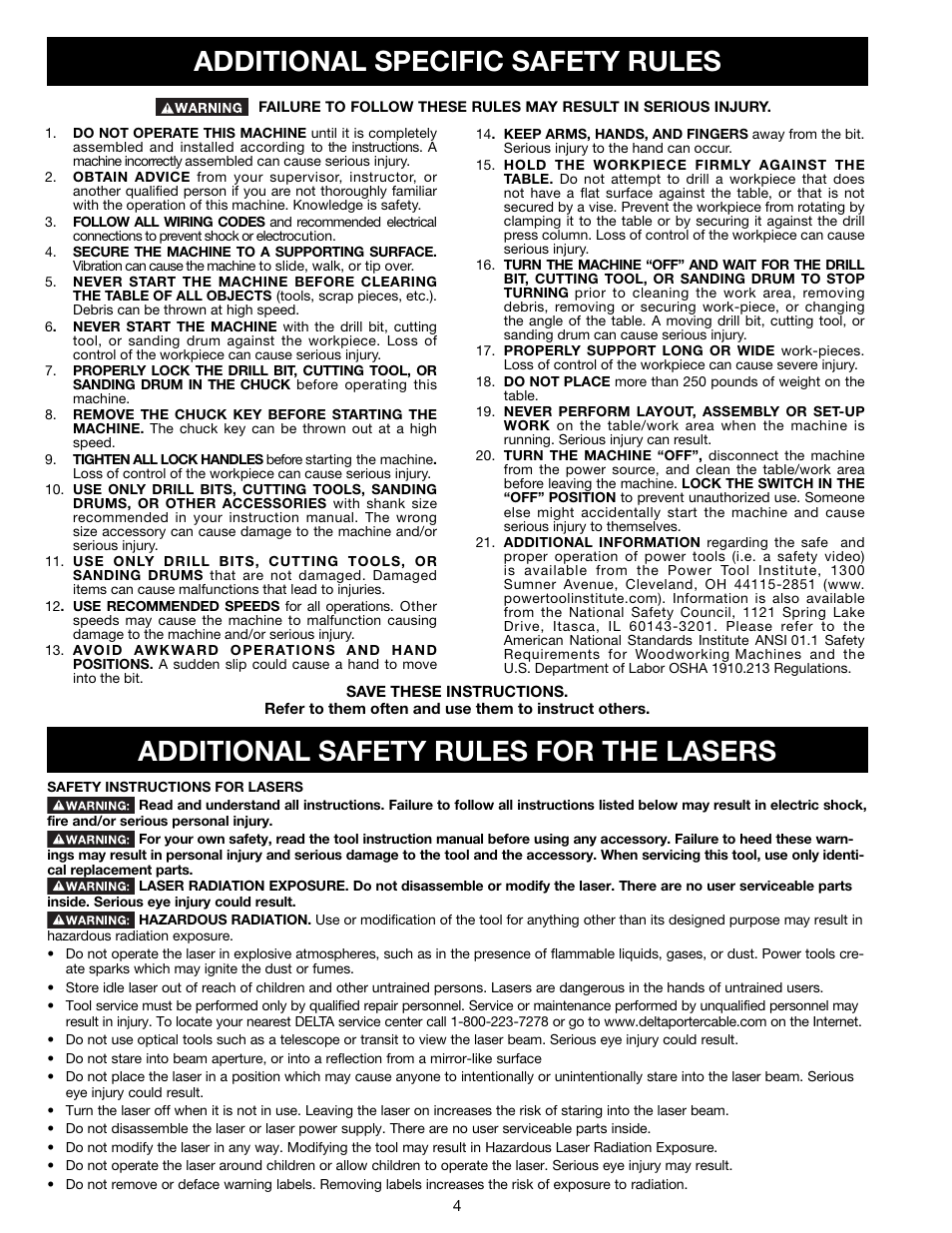 Additional specific safety rules, Additional safety rules for the lasers | Delta 18-900L User Manual | Page 4 / 68