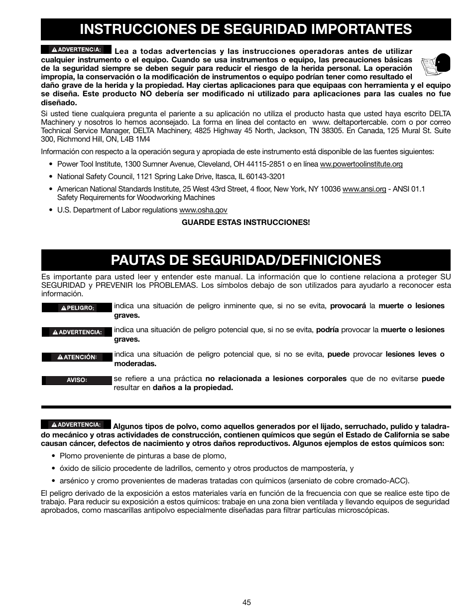 Instrucciones de seguridad importantes, Pautas de seguridad/definiciones | Delta 18-900L User Manual | Page 45 / 68