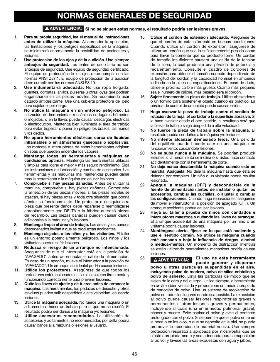 Normas generales de seguridad | Delta 18-900L User Manual | Page 46 / 68