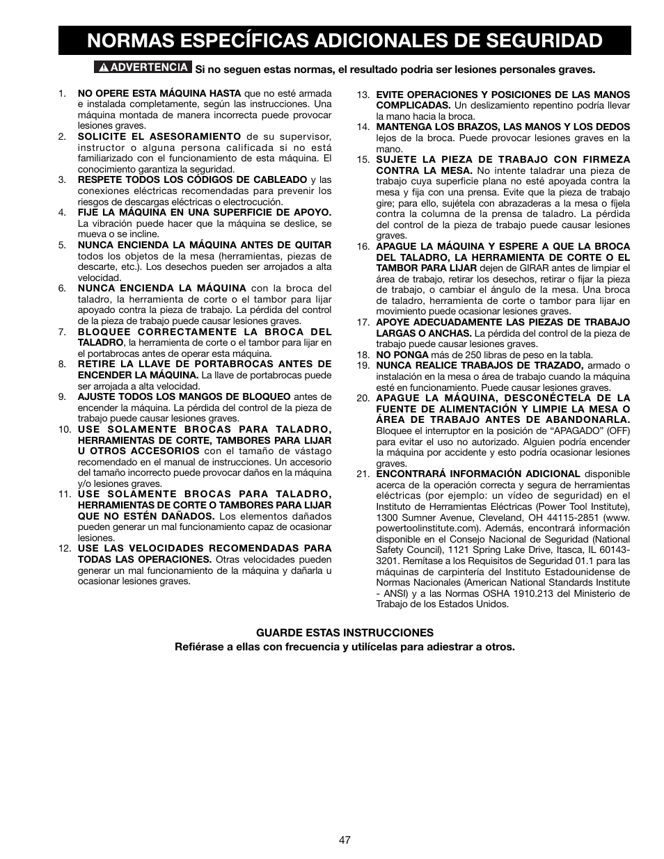 Normas específicas adicionales de seguridad | Delta 18-900L User Manual | Page 47 / 68