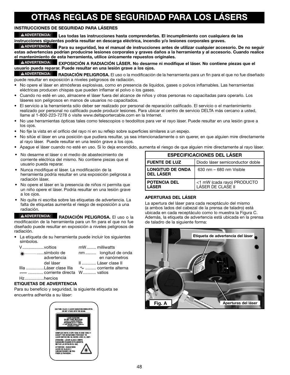 Otras reglas de seguridad para los lásers | Delta 18-900L User Manual | Page 48 / 68