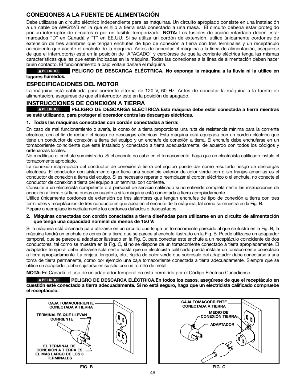 Conexiones a la fuente de alimentación, Especificaciones del motor, Instrucciones de conexión a tierra | Delta 18-900L User Manual | Page 49 / 68