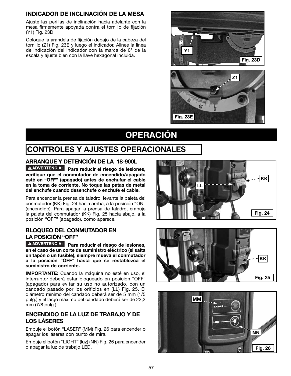 Operación, Controles y ajustes operacionales | Delta 18-900L User Manual | Page 57 / 68
