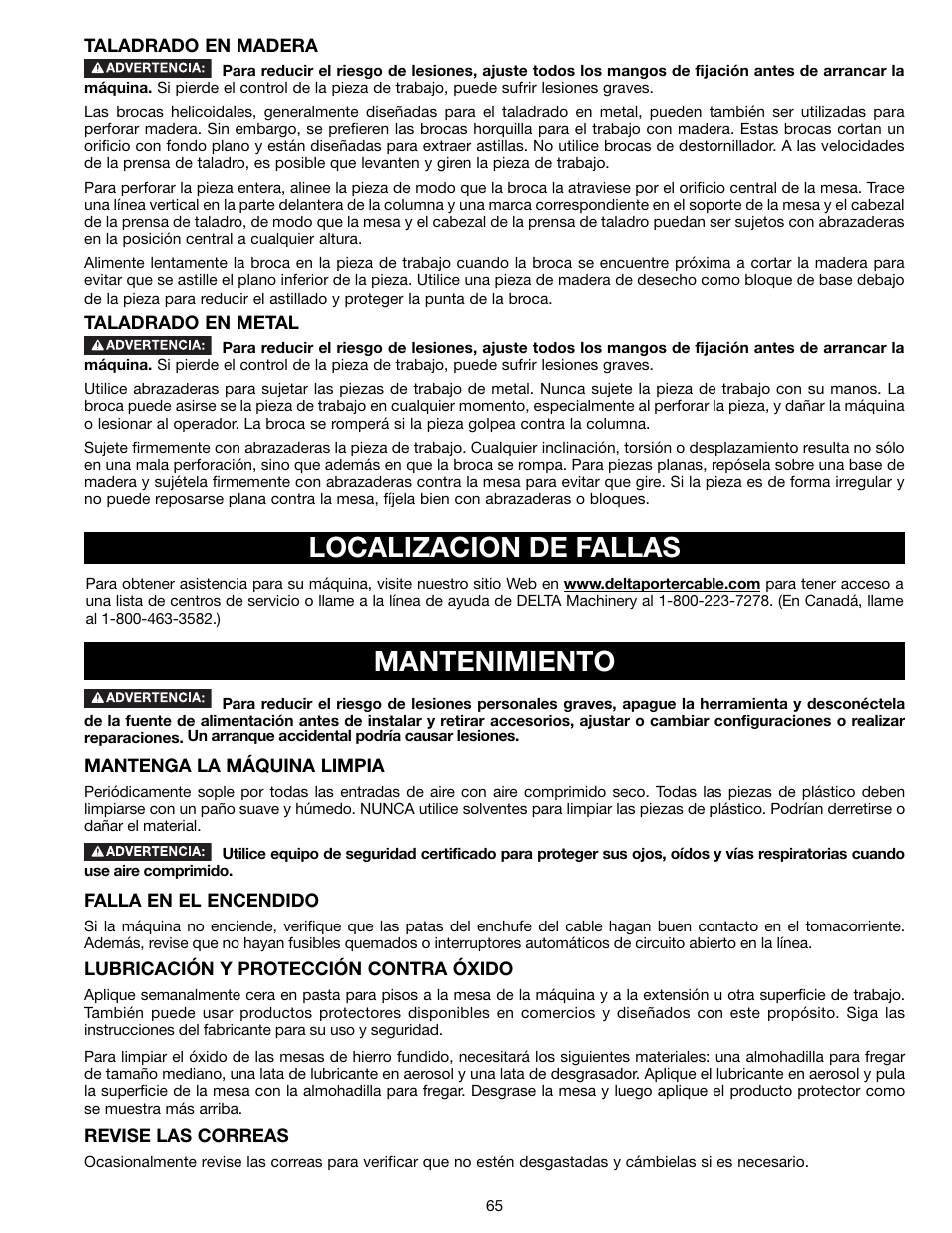 Mantenimiento localizacion de fallas | Delta 18-900L User Manual | Page 65 / 68