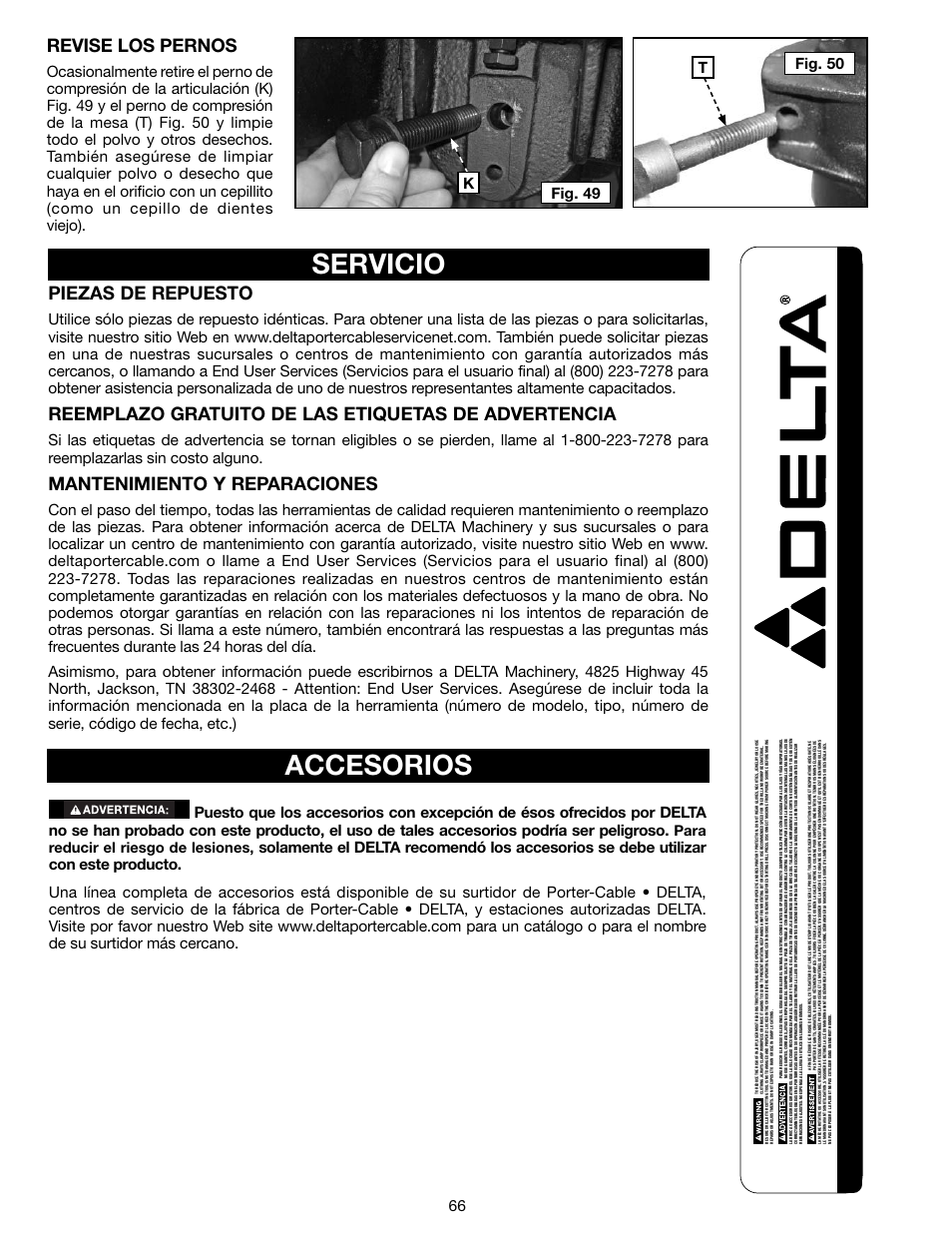 Servicio, Accesorios, Piezas de repuesto | Reemplazo gratuito de las etiquetas de advertencia, Mantenimiento y reparaciones, Revise los pernos, Para reducir el riesgo de lesiones | Delta 18-900L User Manual | Page 66 / 68