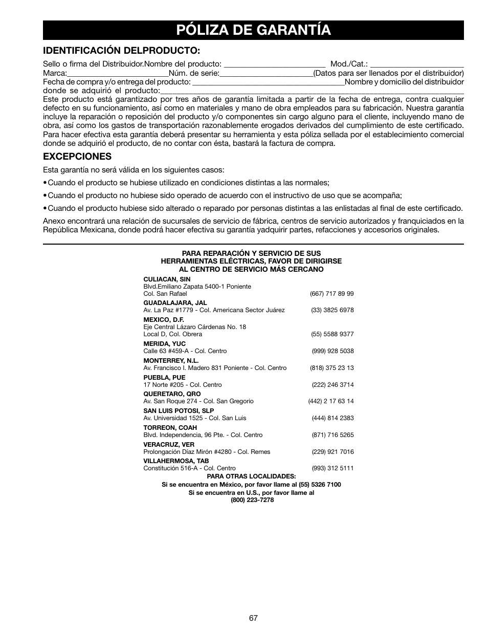 Póliza de garantía, Identificación delproducto, Excepciones | Delta 18-900L User Manual | Page 67 / 68