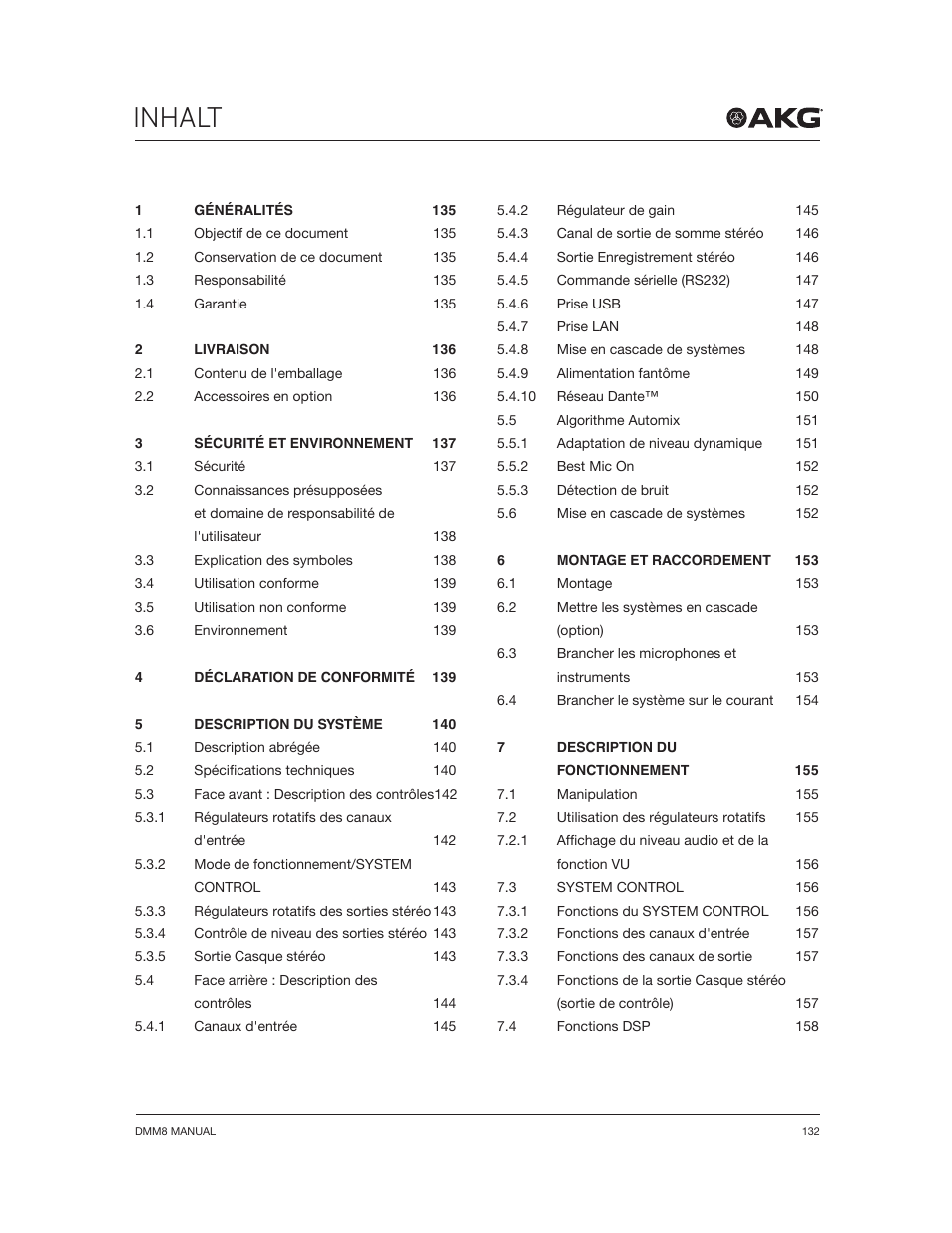 Inhalt | Akg DMM8 ULD Digital Automatic Microphone Mixer with LAN and DANTE Interface User Manual | Page 132 / 259
