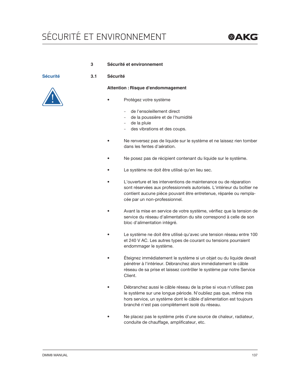 Sécurité et environnement | Akg DMM8 ULD Digital Automatic Microphone Mixer with LAN and DANTE Interface User Manual | Page 137 / 259