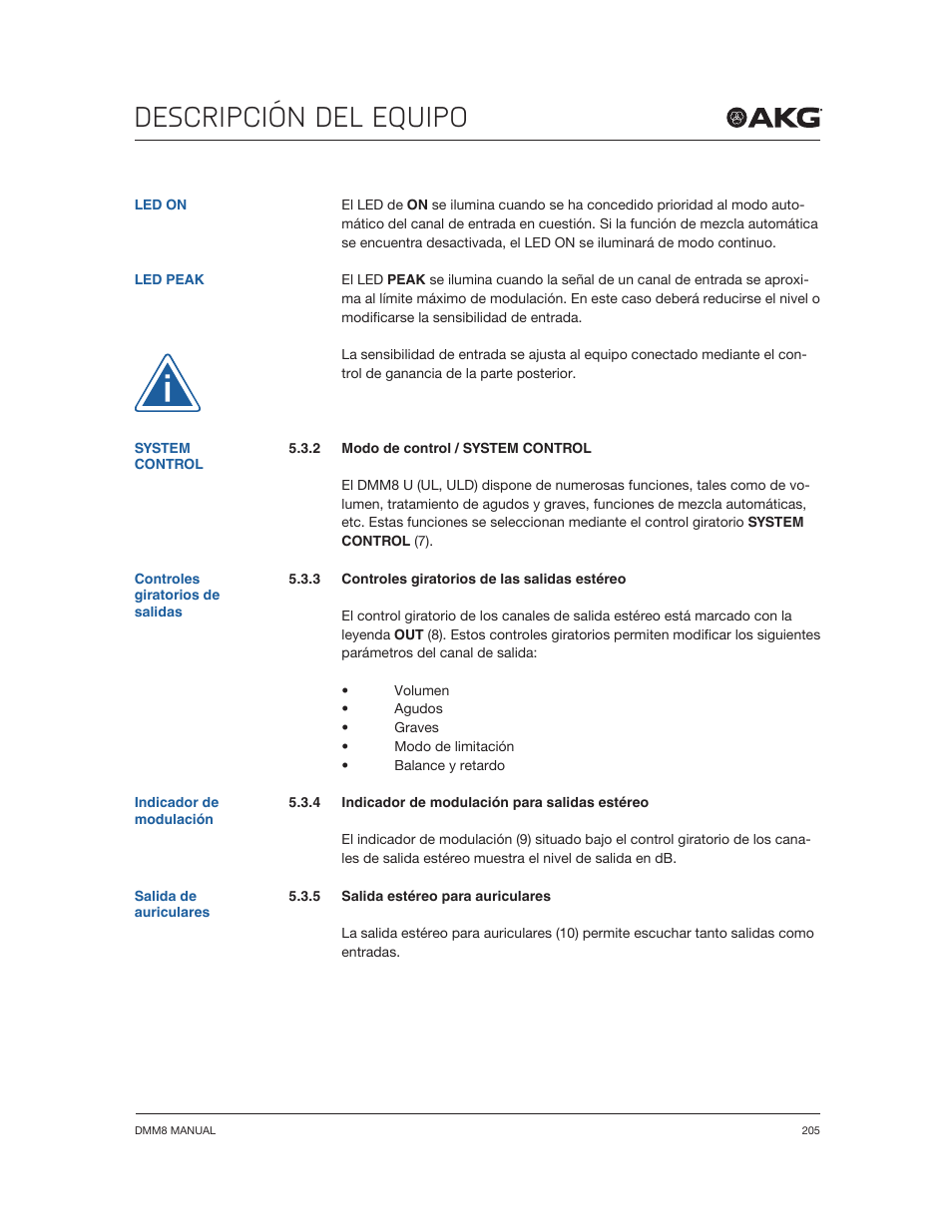 Descripción del equipo | Akg DMM8 ULD Digital Automatic Microphone Mixer with LAN and DANTE Interface User Manual | Page 205 / 259