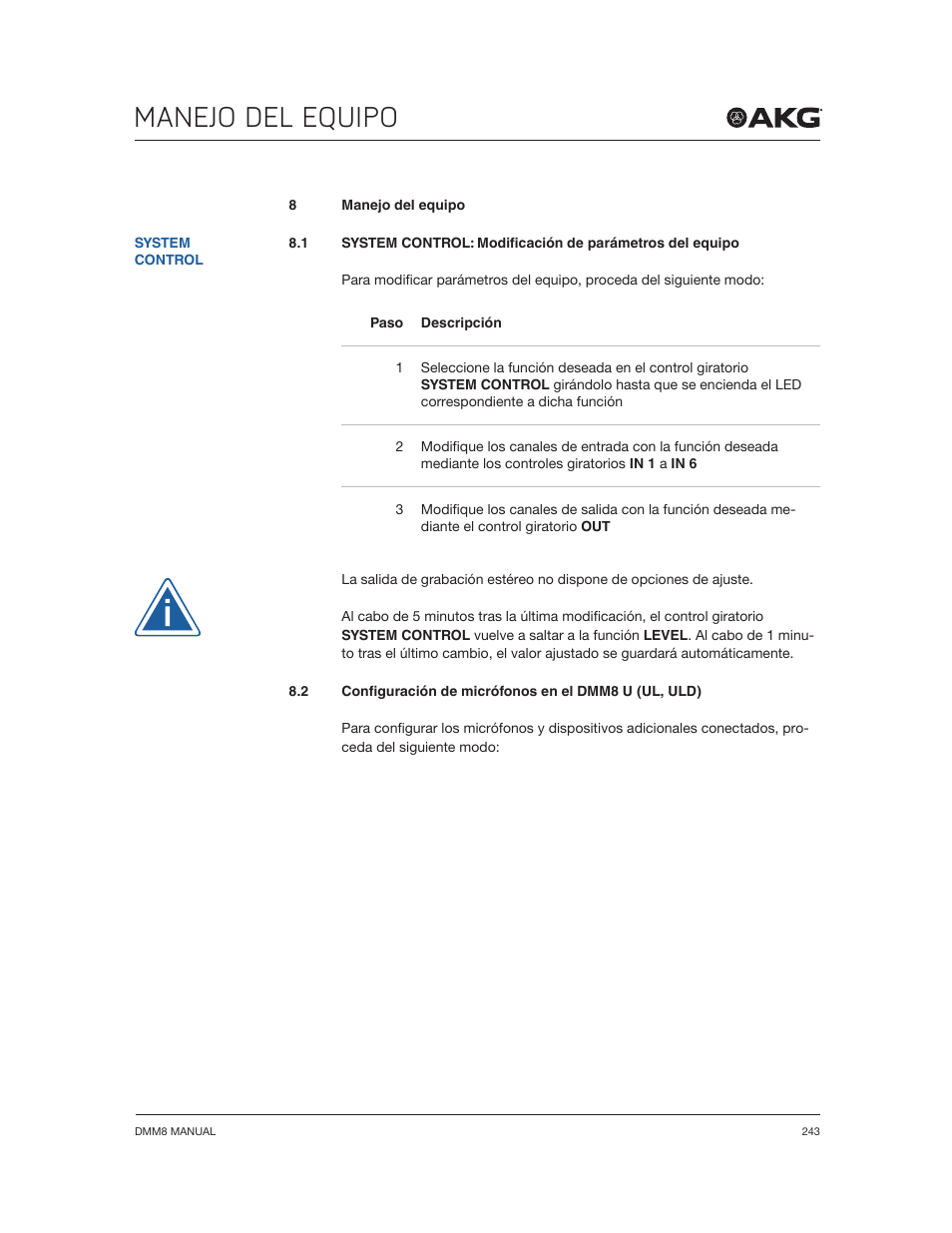 Manejo del equipo | Akg DMM8 ULD Digital Automatic Microphone Mixer with LAN and DANTE Interface User Manual | Page 243 / 259
