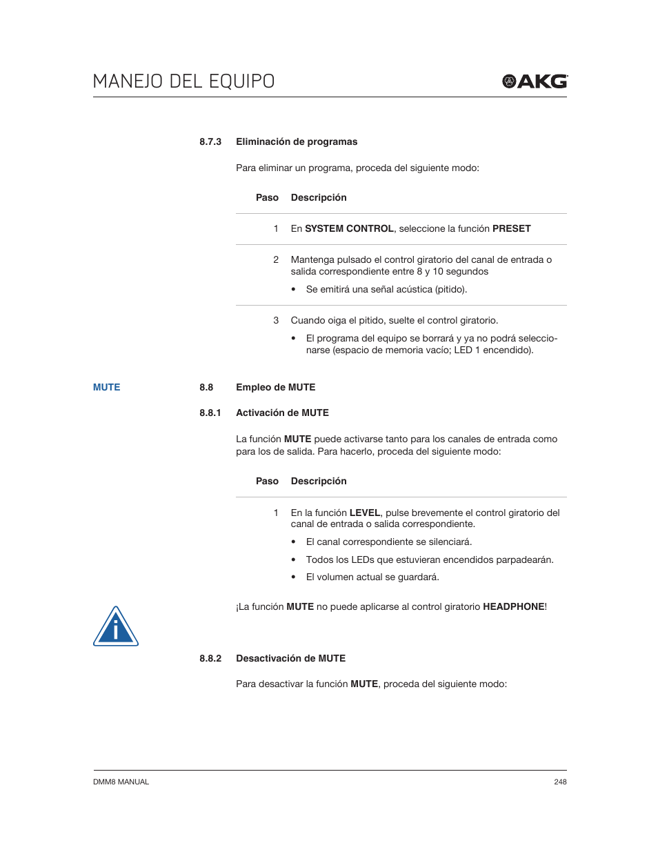 Manejo del equipo | Akg DMM8 ULD Digital Automatic Microphone Mixer with LAN and DANTE Interface User Manual | Page 248 / 259
