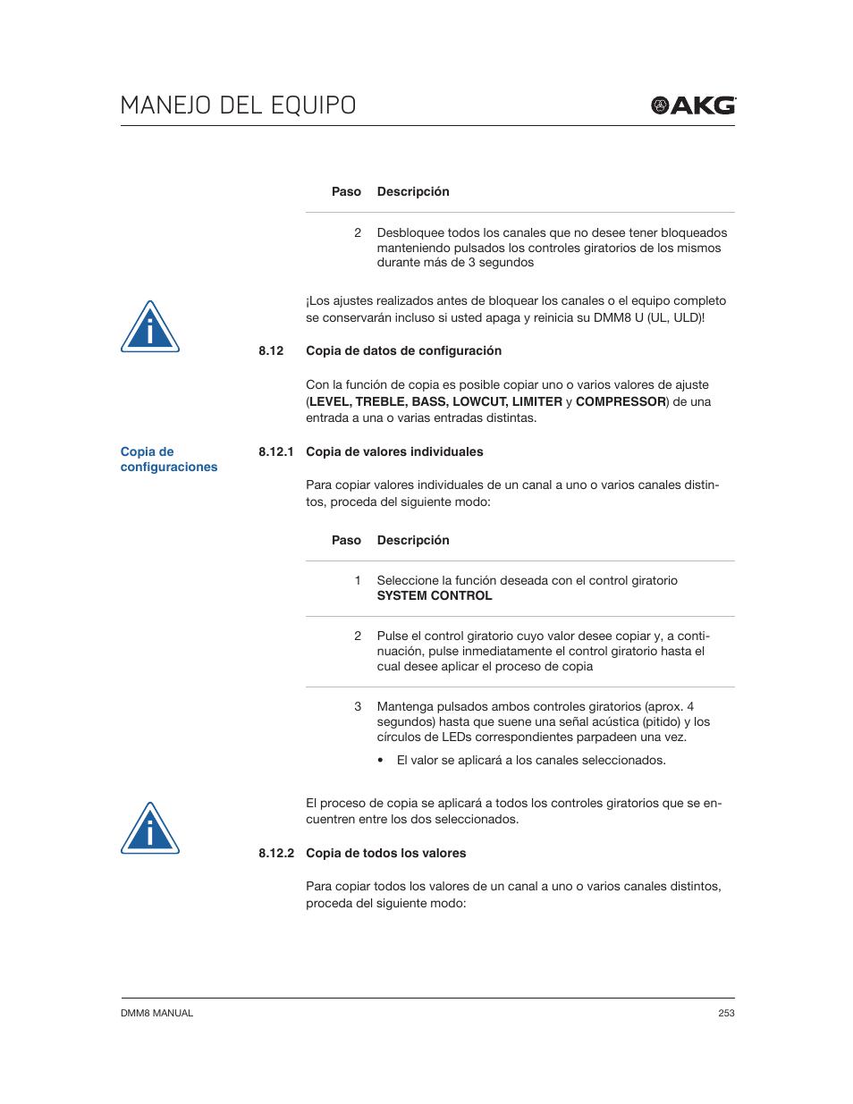 Manejo del equipo | Akg DMM8 ULD Digital Automatic Microphone Mixer with LAN and DANTE Interface User Manual | Page 253 / 259
