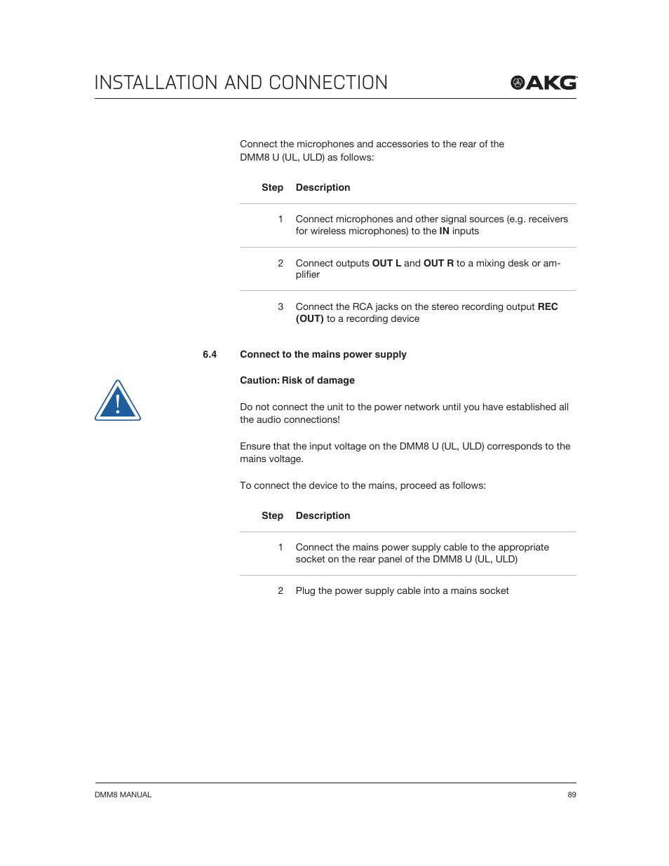 Installation and connection | Akg DMM8 ULD Digital Automatic Microphone Mixer with LAN and DANTE Interface User Manual | Page 89 / 259