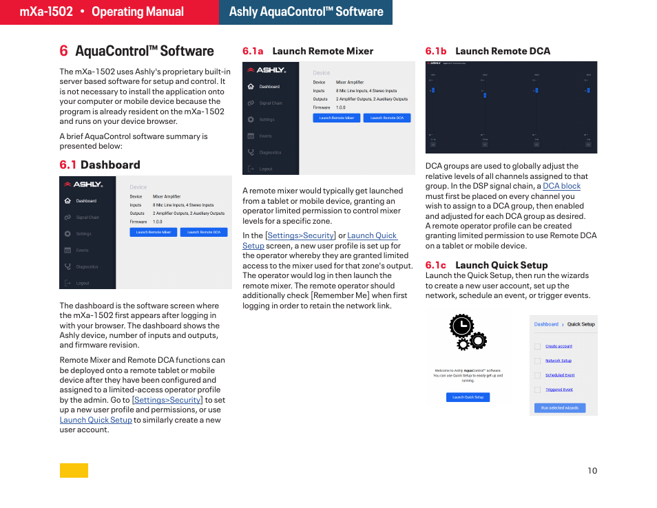 Aquacontrol software, Dashboard screen, Launch remote mixer | Launch remote dca, Launch quick setup, 6aquacontrol™ software | Ashly mXa-1502 12-Channel 4-Zone DSP Mixer-Amplifier User Manual | Page 10 / 39
