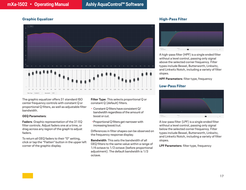Graphic equalizer, High-pass filter, Low-pass filter | Ashly mXa-1502 12-Channel 4-Zone DSP Mixer-Amplifier User Manual | Page 17 / 39