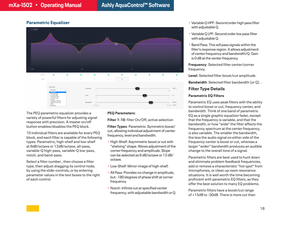 Parametric equalizer | Ashly mXa-1502 12-Channel 4-Zone DSP Mixer-Amplifier User Manual | Page 18 / 39