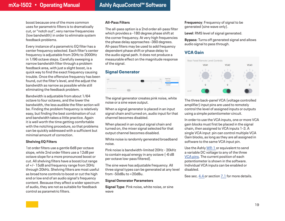 Signal generator, Vca gain | Ashly mXa-1502 12-Channel 4-Zone DSP Mixer-Amplifier User Manual | Page 19 / 39
