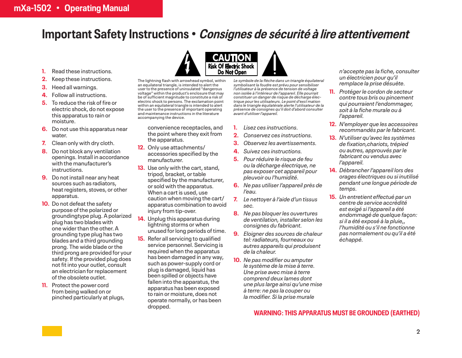 Consignes de sécurité à lire attentivement, Important safety instructions, Mxa-1502 • operating manual | Ashly mXa-1502 12-Channel 4-Zone DSP Mixer-Amplifier User Manual | Page 2 / 39