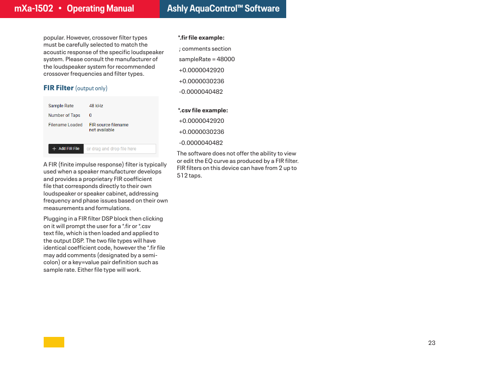 Fir filter | Ashly mXa-1502 12-Channel 4-Zone DSP Mixer-Amplifier User Manual | Page 23 / 39