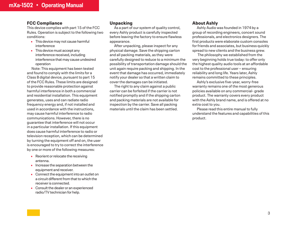 Mxa-1502 • operating manual | Ashly mXa-1502 12-Channel 4-Zone DSP Mixer-Amplifier User Manual | Page 3 / 39