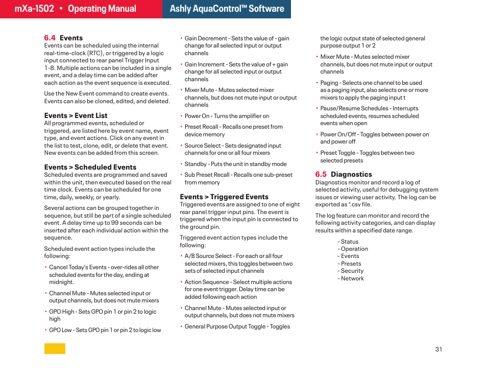 Events screen, Event list, Scheduled events | Triggered events, Diagnostics screen | Ashly mXa-1502 12-Channel 4-Zone DSP Mixer-Amplifier User Manual | Page 31 / 39