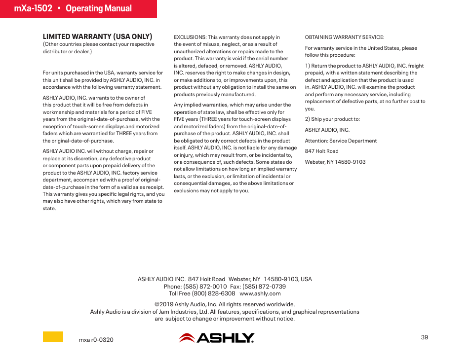 Mxa-1502 • operating manual | Ashly mXa-1502 12-Channel 4-Zone DSP Mixer-Amplifier User Manual | Page 39 / 39