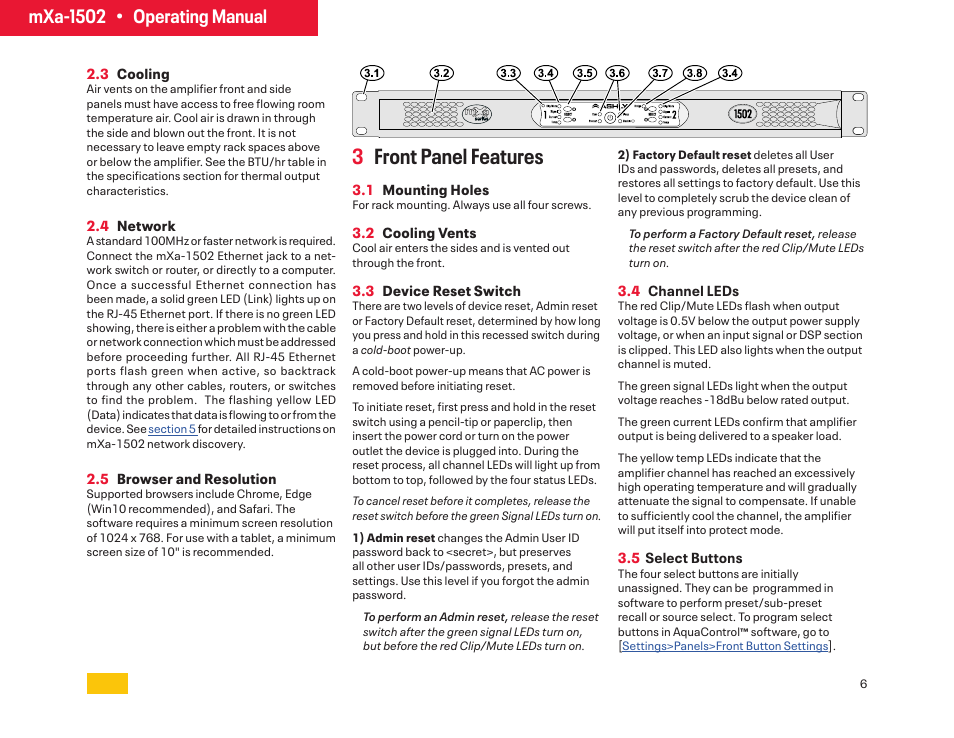 Cooling, Network, Browser & resolution | Front panel features, Mounting holes, Cooling vents, Device reset switch, Channel leds, Select buttons, 3front panel features | Ashly mXa-1502 12-Channel 4-Zone DSP Mixer-Amplifier User Manual | Page 6 / 39