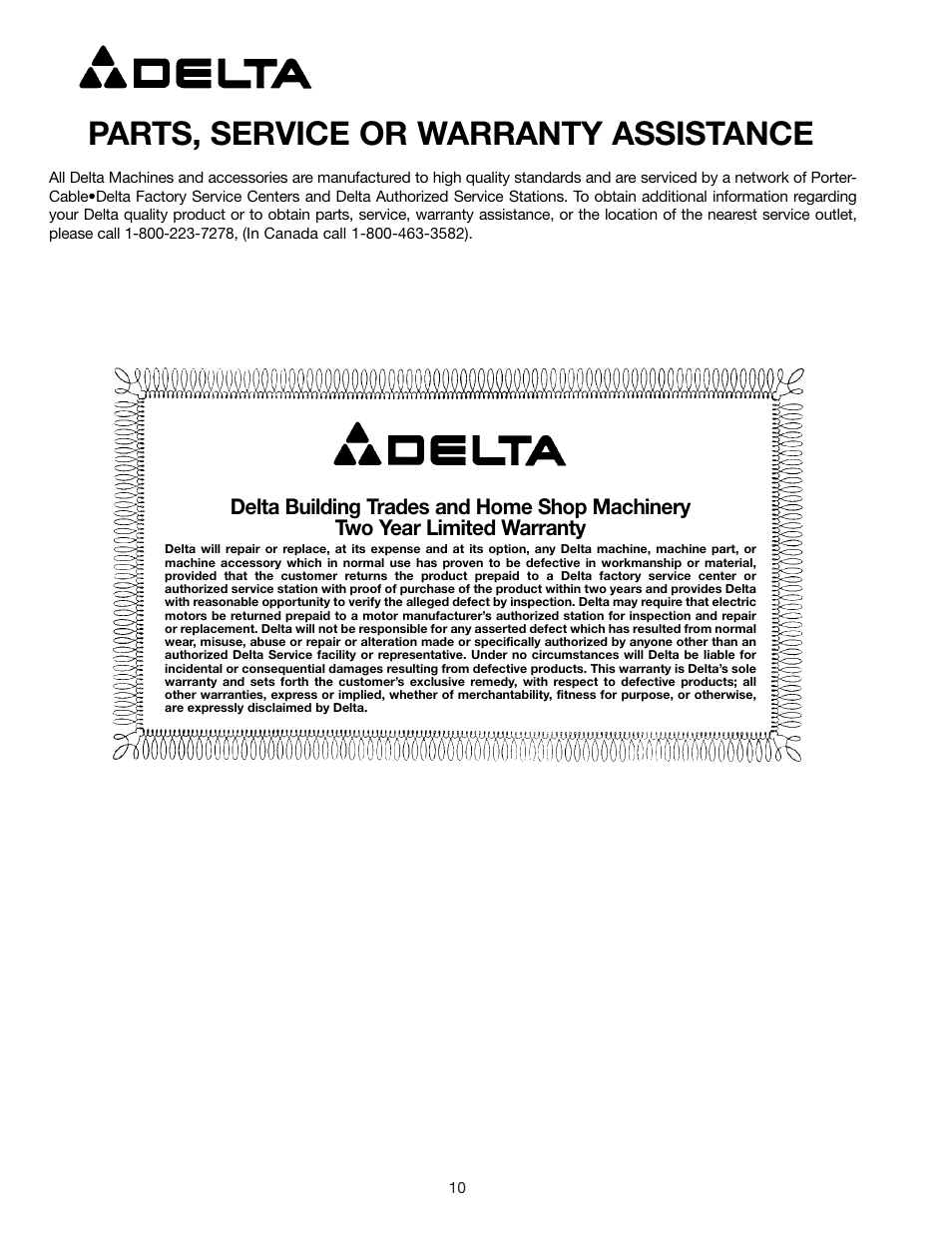 Parts, service or warranty assistance | Delta 16" BENCH GRINDERS 23-640 User Manual | Page 10 / 10