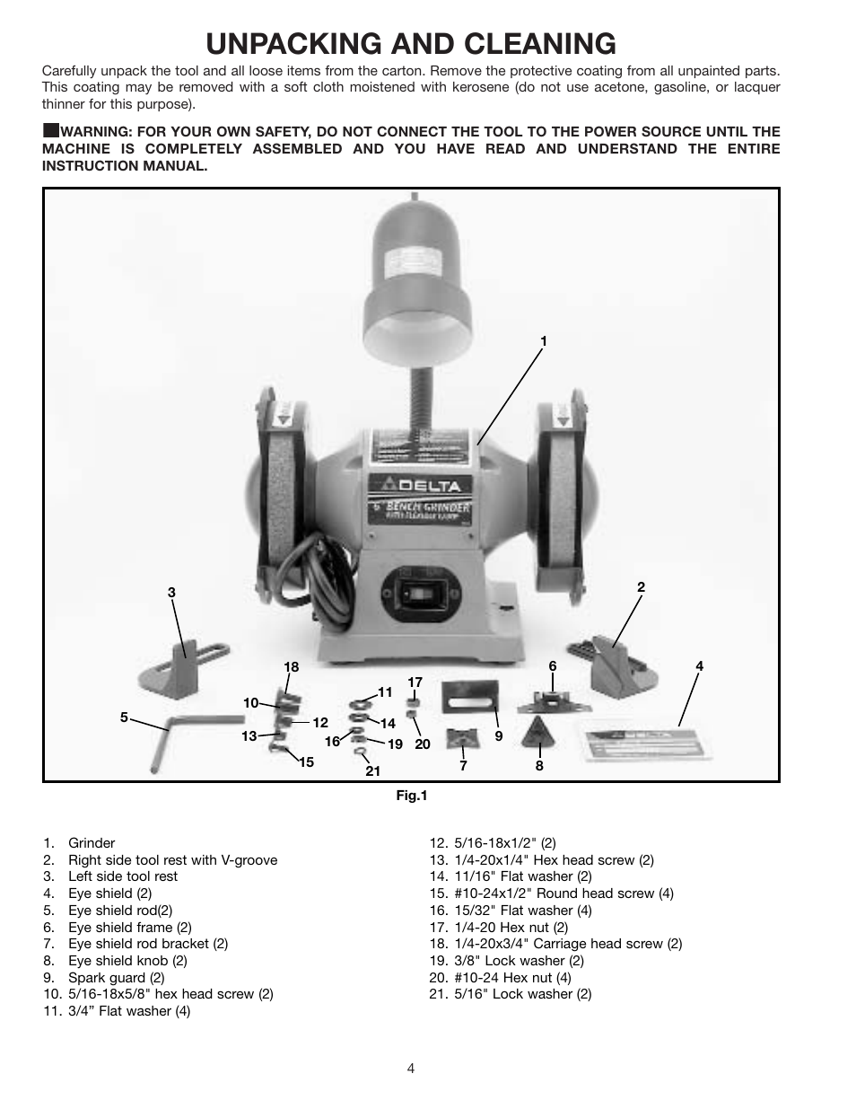 Unpacking and cleaning | Delta 16" BENCH GRINDERS 23-640 User Manual | Page 4 / 10