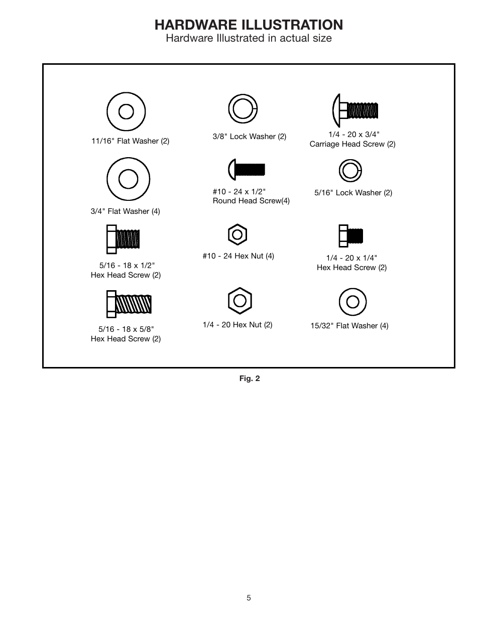 Hardware illustration, Hardware illustrated in actual size | Delta 16" BENCH GRINDERS 23-640 User Manual | Page 5 / 10