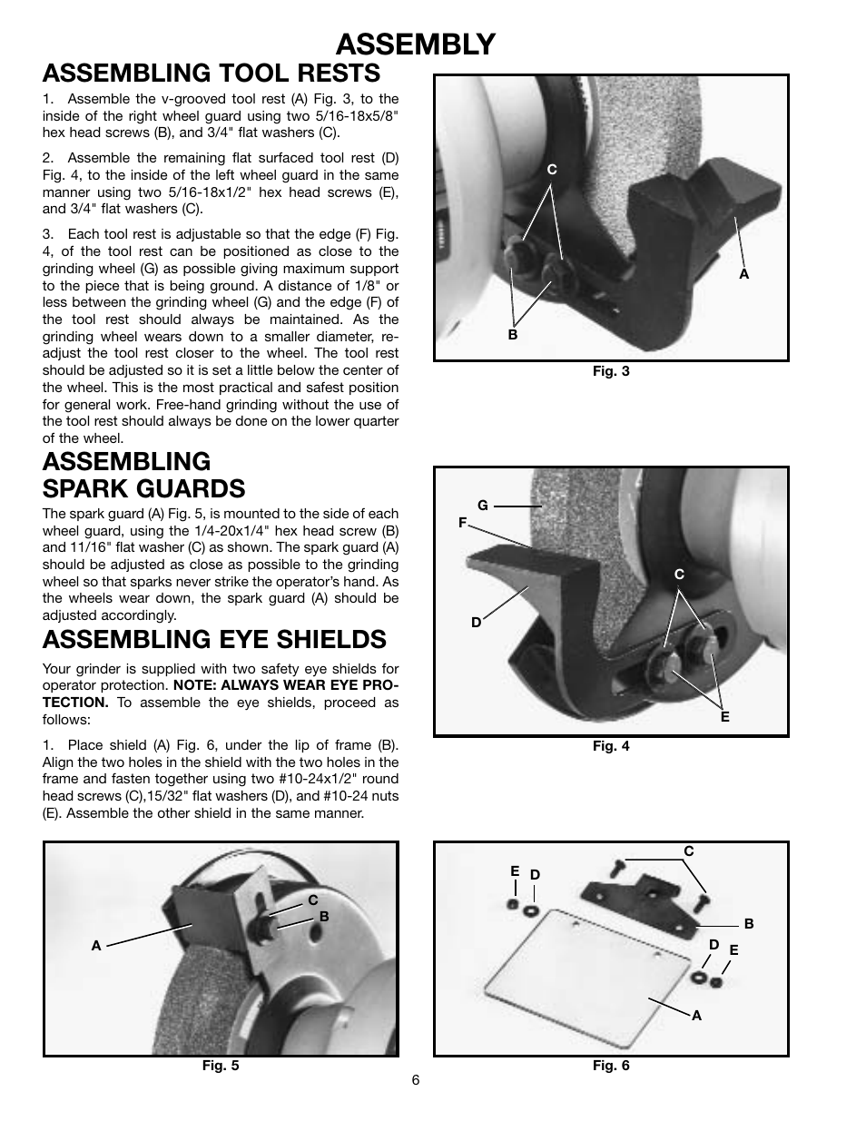 Assembly, Assembling tool rests, Assembling spark guards | Assembling eye shields | Delta 16" BENCH GRINDERS 23-640 User Manual | Page 6 / 10