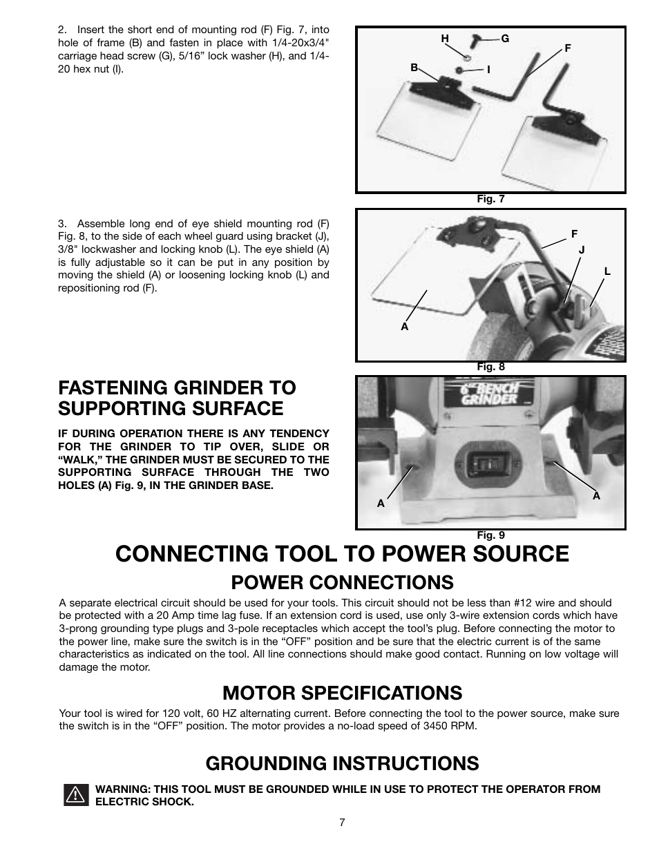 Connecting tool to power source, Fastening grinder to supporting surface, Power connections | Motor specifications, Grounding instructions | Delta 16" BENCH GRINDERS 23-640 User Manual | Page 7 / 10