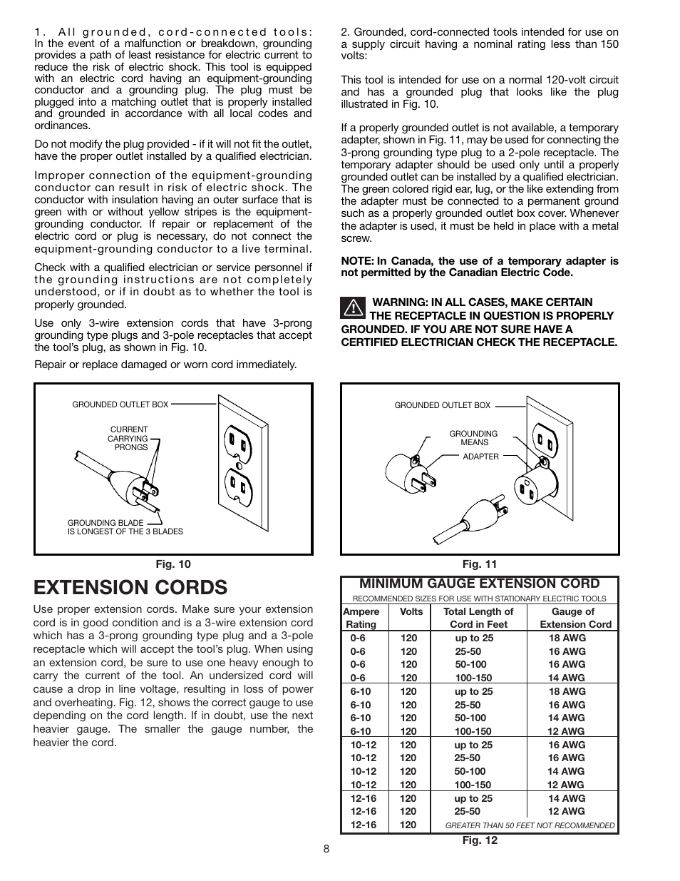 Extension cords, Minimum gauge extension cord | Delta 16" BENCH GRINDERS 23-640 User Manual | Page 8 / 10