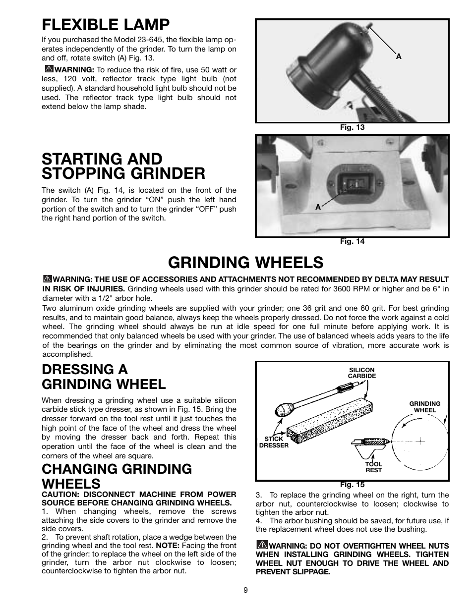 Starting and stopping grinder, Flexible lamp, Grinding wheels | Dressing a grinding wheel, Changing grinding wheels | Delta 16" BENCH GRINDERS 23-640 User Manual | Page 9 / 10