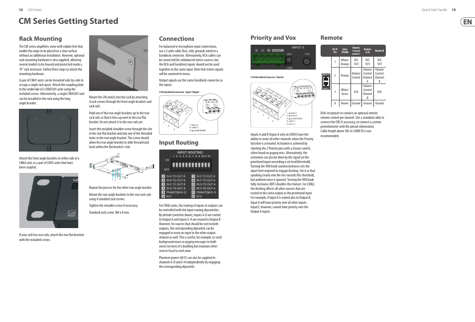 Cm series getting started, Rack mounting, Connections | Input routing, Priority and vox, Remote | Lab.gruppen CM41 Commercial Mixer User Manual | Page 7 / 11