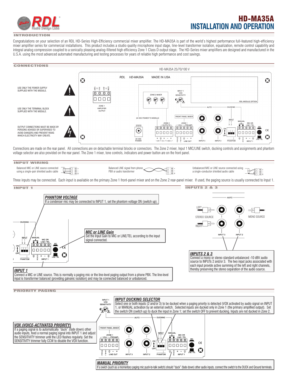 RDL HD-MA 35A 35 Watt Mixer Amplifier with Power Supply User Manual | 3 pages