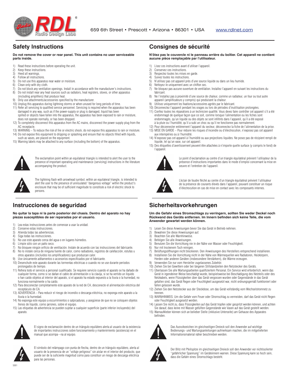 Sicherheitsvorkehrungen, Instrucciones de seguridad, Safety instructions | Consignes de sécurité | RDL HD-MA 35A 35 Watt Mixer Amplifier with Power Supply User Manual | Page 2 / 3