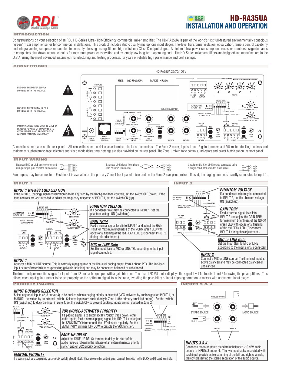 RDL HD-RA35U 35 Watt Remote Mixer Amplifier User Manual | 3 pages