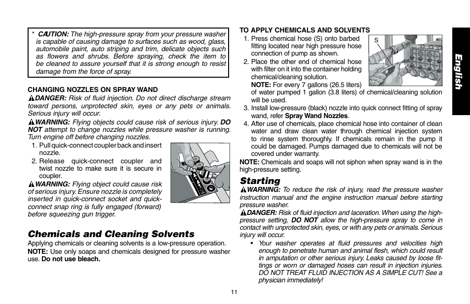 En g lis h, Starting, Chemicals and cleaning solvents | DeWalt DP3400 User Manual | Page 11 / 64