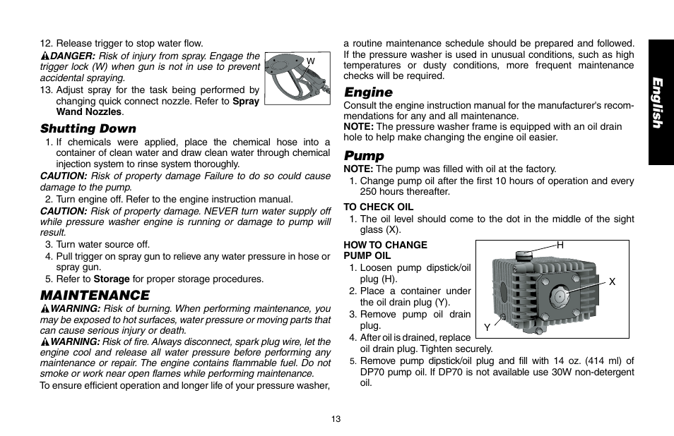 En g lis h, Maintenance, Engine | Pump | DeWalt DP3400 User Manual | Page 13 / 64