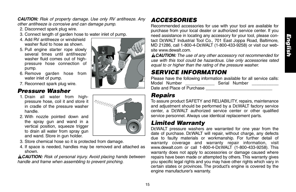 En g lis h, Pressure washer, Accessories | Service information, Repairs, Limited warranty | DeWalt DP3400 User Manual | Page 15 / 64