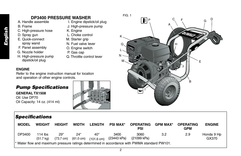 En g li sh specifications, Pump specifications | DeWalt DP3400 User Manual | Page 2 / 64