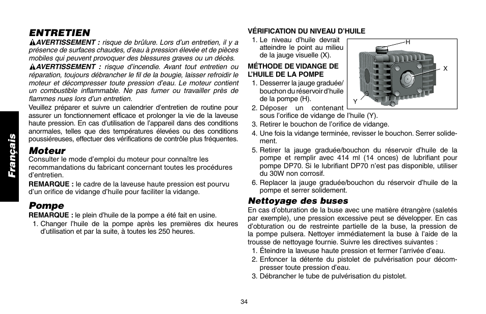 Entretien, Moteur, Pompe | DeWalt DP3400 User Manual | Page 34 / 64