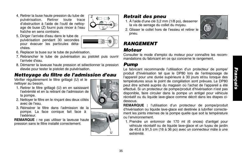 Nettoyage du filtre de l’admission d’eau, Retrait des pneu, Rangement moteur | Pump | DeWalt DP3400 User Manual | Page 35 / 64