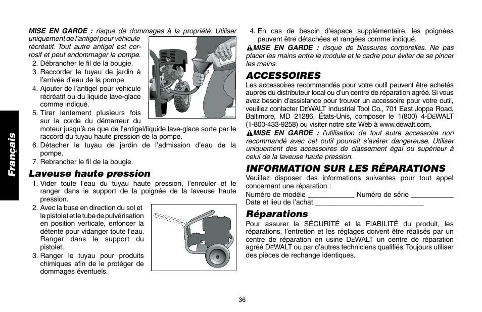 Laveuse haute pression, Accessoires, Information sur les réparations | Réparations | DeWalt DP3400 User Manual | Page 36 / 64