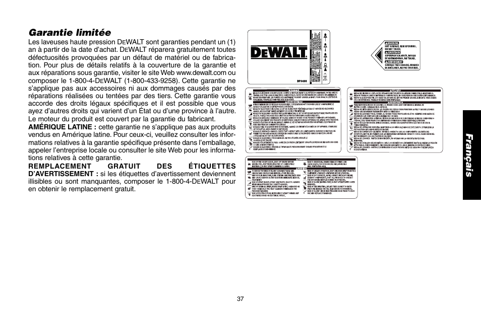 Garantie limitée | DeWalt DP3400 User Manual | Page 37 / 64